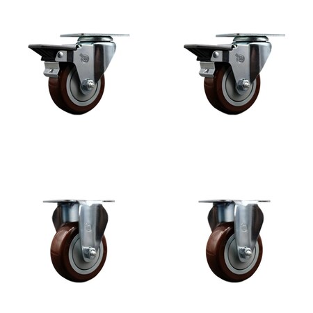 Service Caster 3.5'' Maroon Poly Wheel Swivel Top Plate Caster Set 2 Posi Brakes 2 Rigid, 4PK SCC-20S3514-PPUB-MRN-PLB-2-R-2